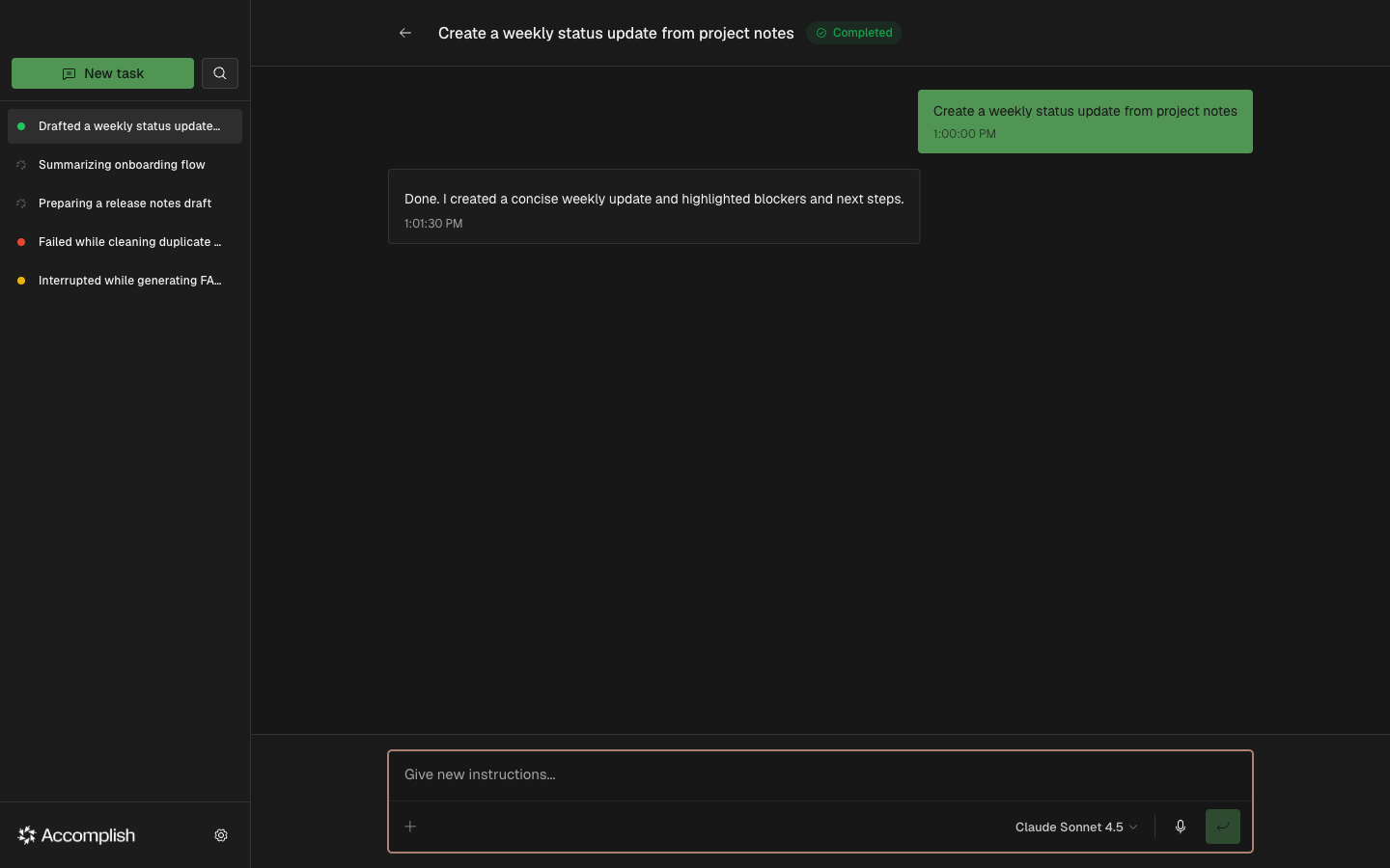 Execution view showing a completed task and follow-up input box