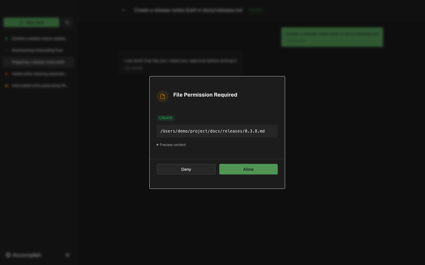 File permission request dialog in the execution view showing a file create request