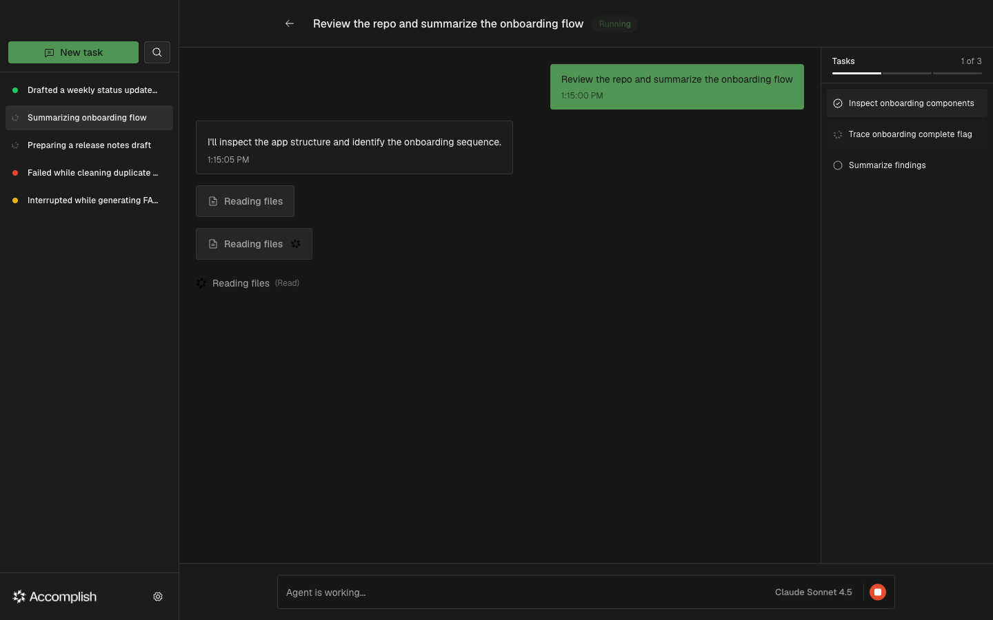 Execution view showing a running task with tool progress indicator and todo sidebar