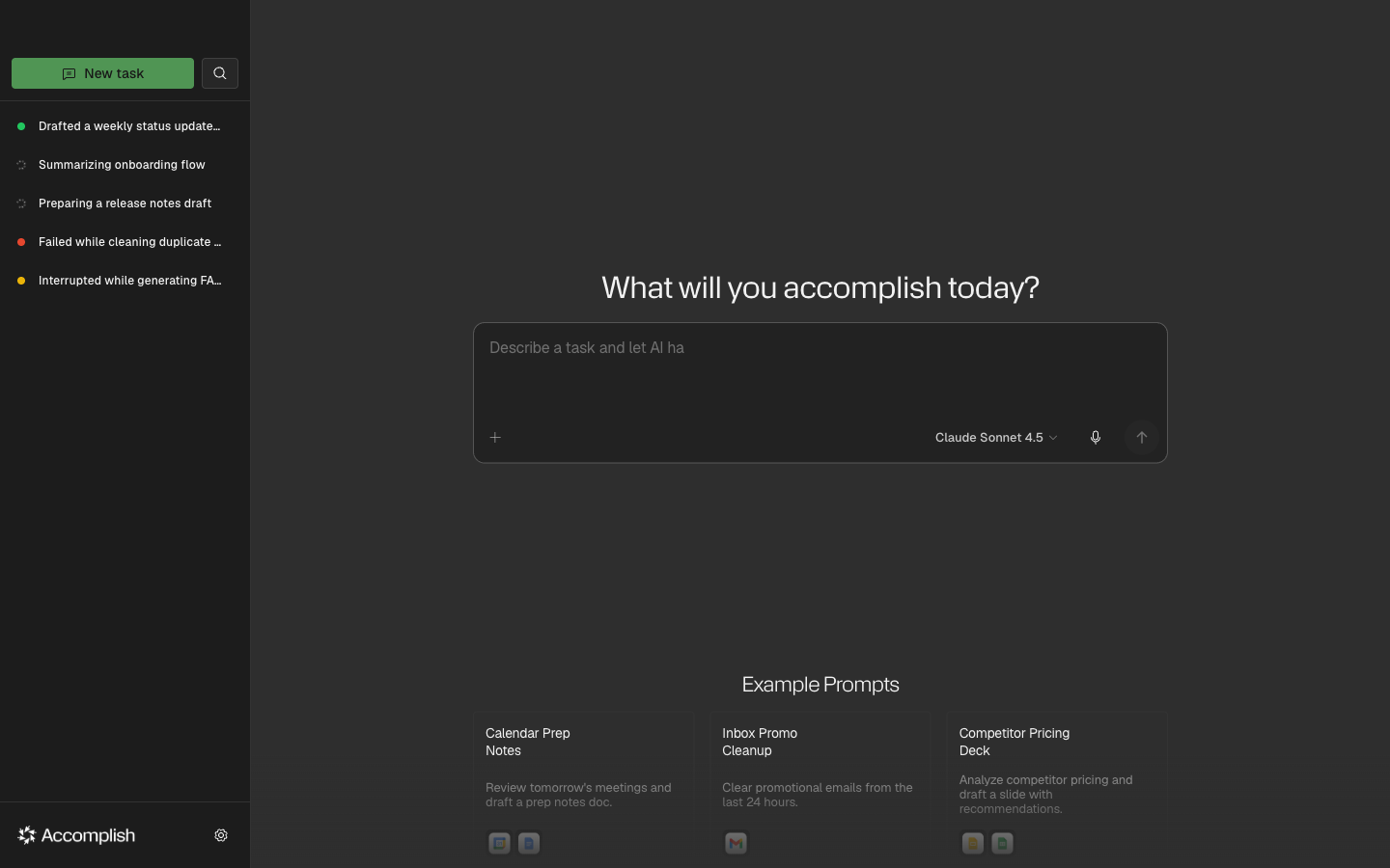 Plus menu opened from the home prompt bar showing skills and connectors shortcuts