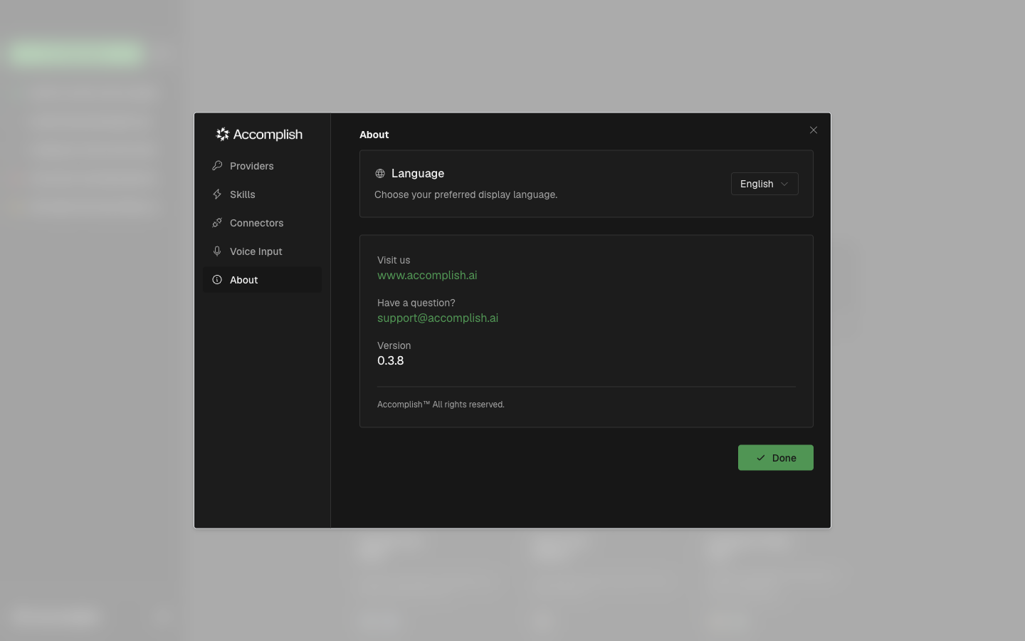 Settings dialog on the About tab showing version information and links