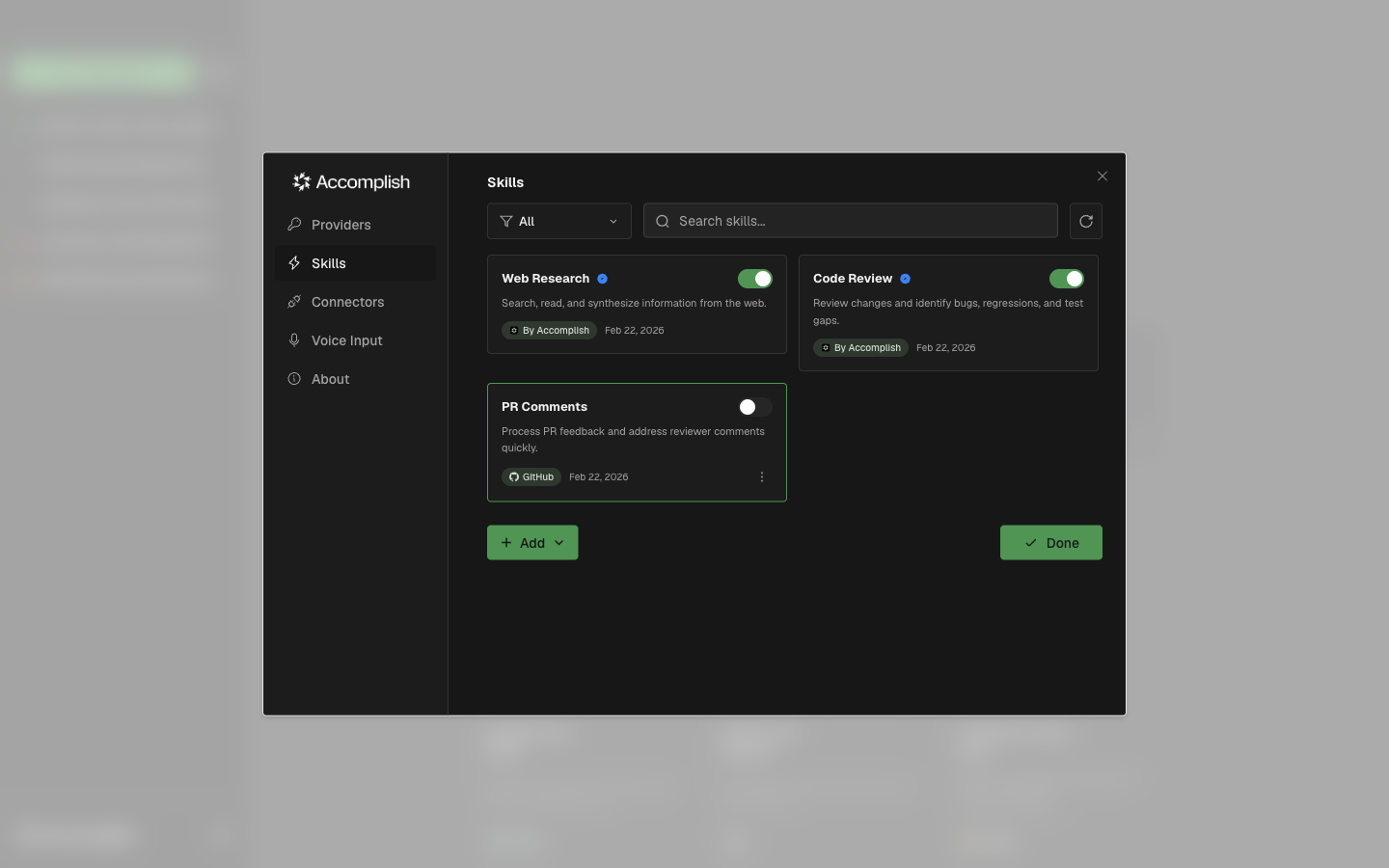 Settings dialog on the skills tab with a list of installed skills and filters