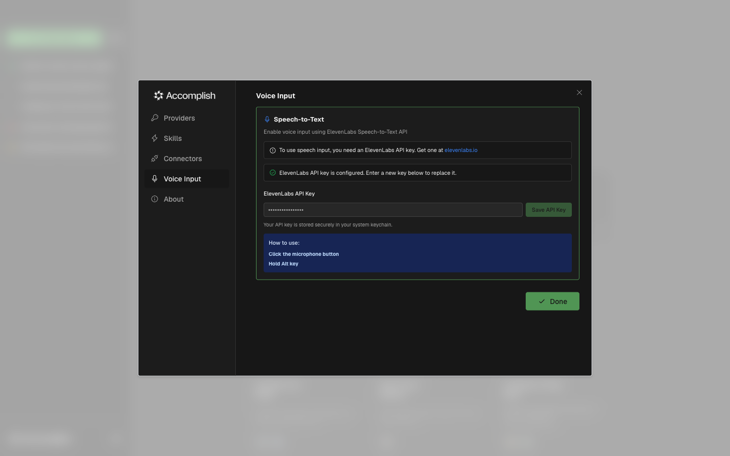 Settings dialog on the voice input tab showing speech-to-text API key configuration