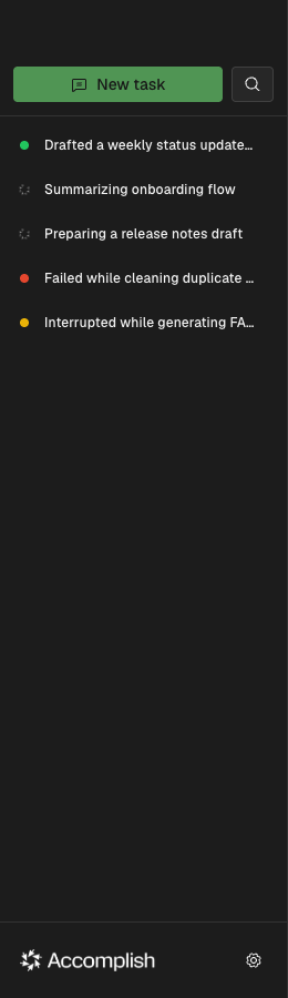 Left sidebar showing multiple Accomplish tasks with different statuses