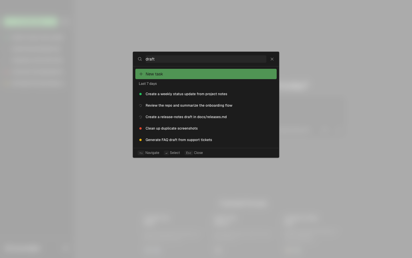Task launcher dialog showing search results for prior tasks